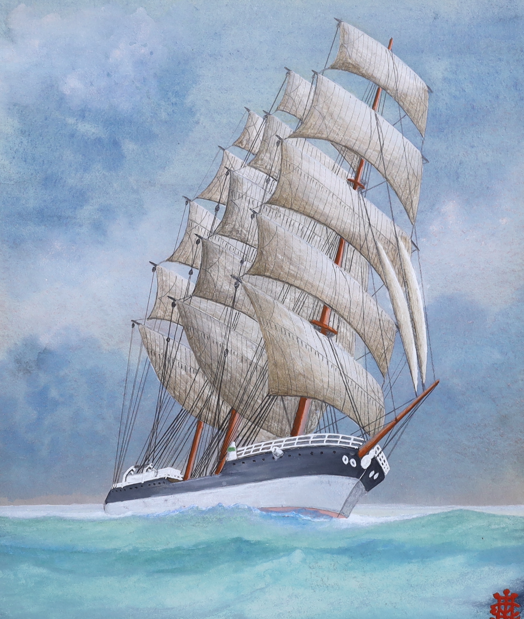 19th century, Maritime interest, pair of heightened watercolours on silk, comprising The barque Ethel of London Carlisle Castle of London, both under all plain sail, each 7 x 18cm, mounted as one, together with, Major C